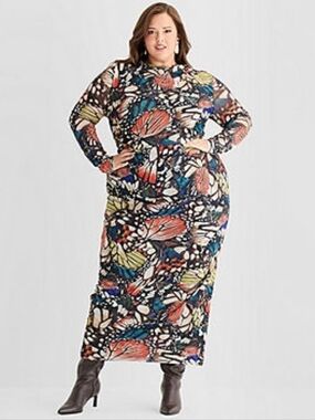 Ashley Graham Mesh Womens Plus Long Sleeve Butterfly Bodycon Dress Plus Size 3x